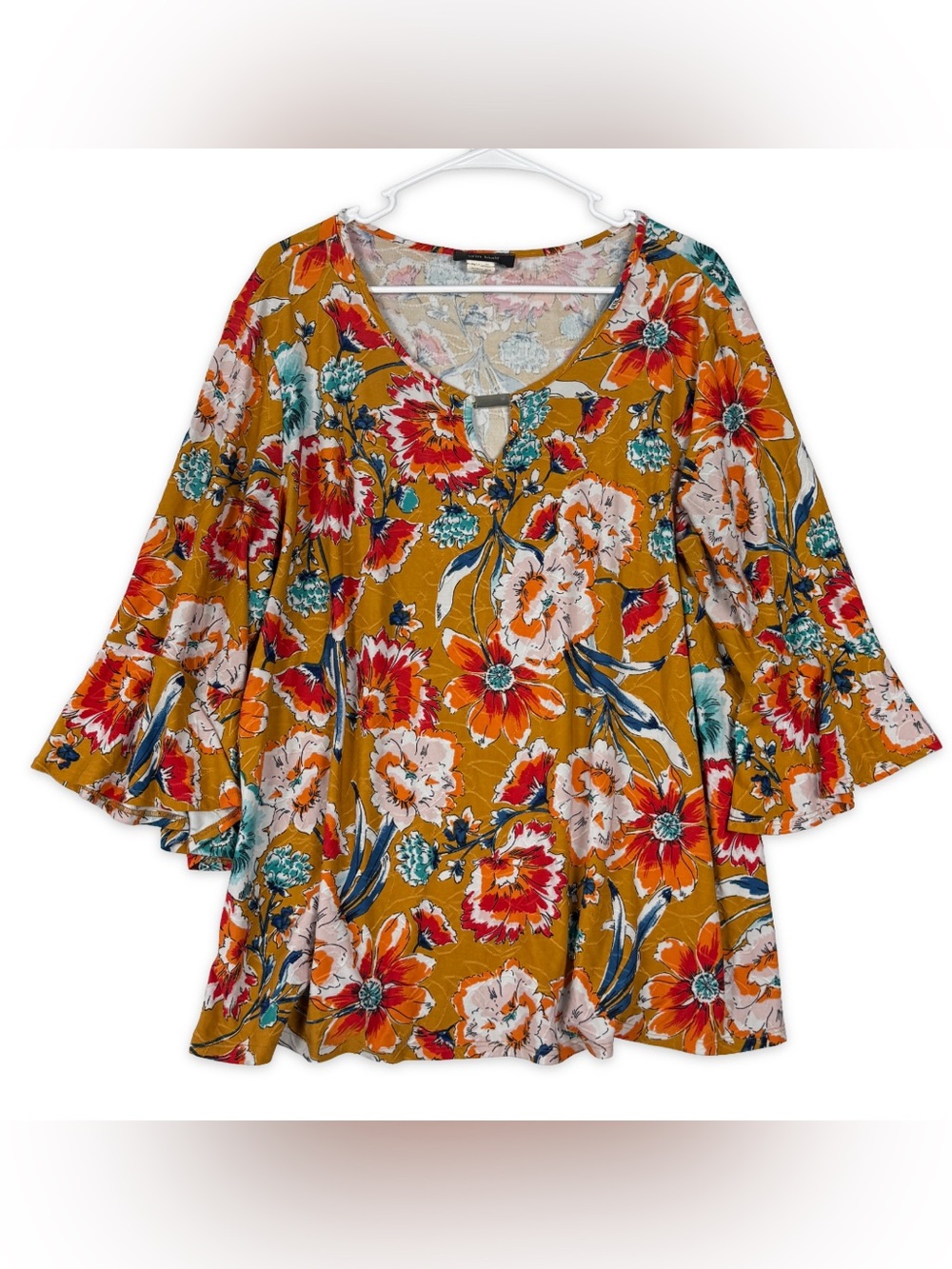 Erin‎ Blair Top Womens Plus 1X Multicolor Floral Scoop Neck 3/4 Bell Sleeve